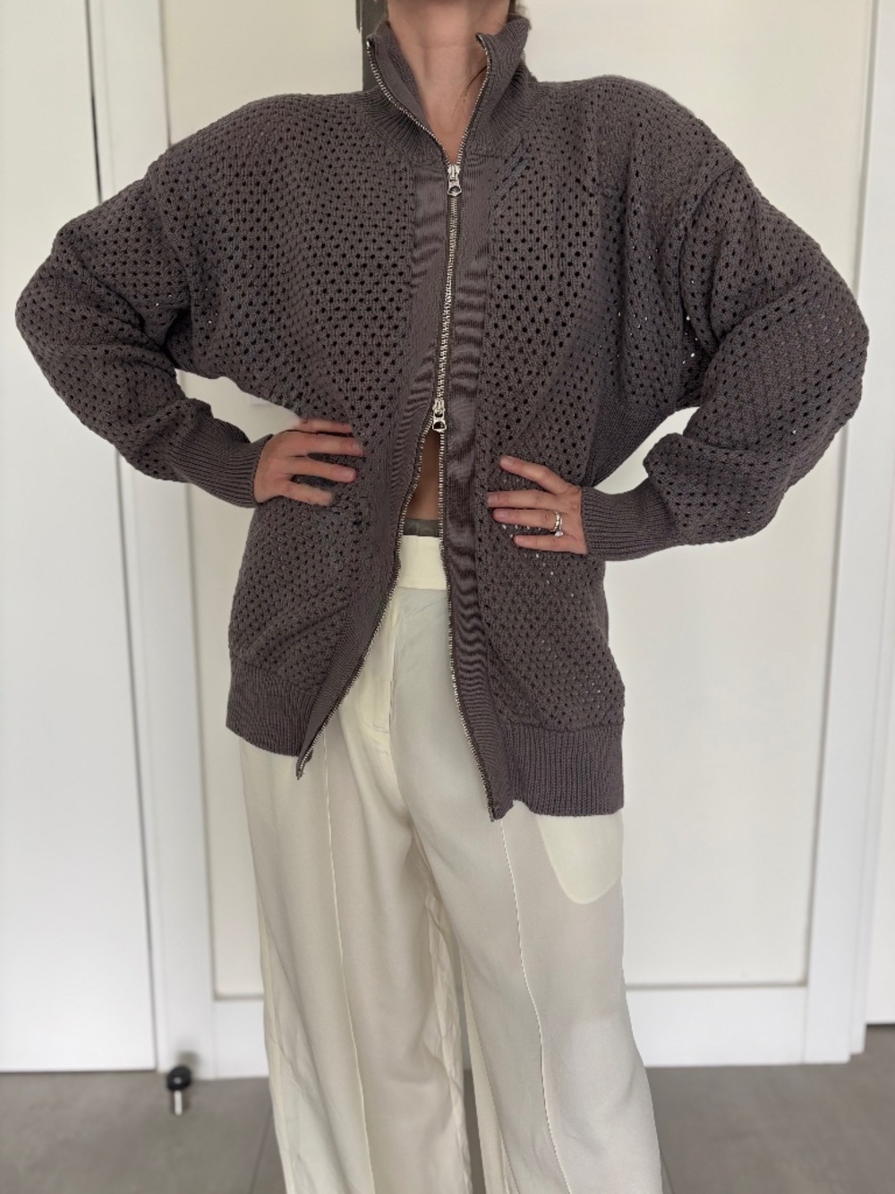 Varley Oversized Open Knit Zip Cardigan Taupe Brown 100% Cotton Size S